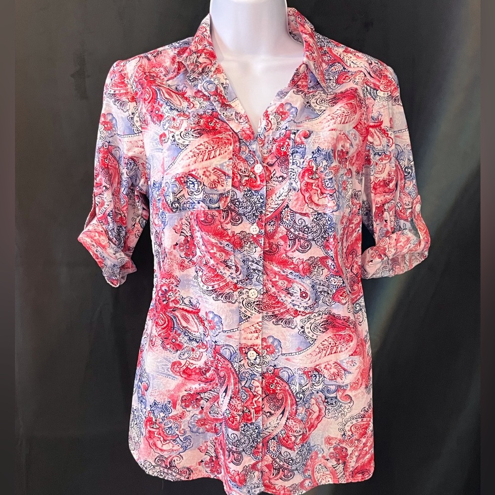 Studio Works Button Down Short Sleeve Blouse Red White & Blue Pattern Size Small